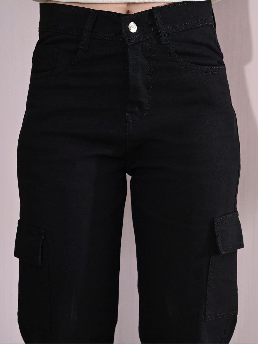 HERE&NOW Women's Jet Black Mid-Rise Straight Leg Cargo Jeans thumbnail 2