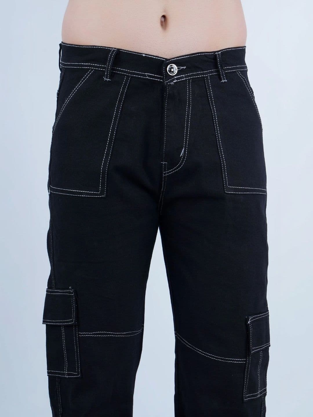 HERE&NOW Men's Jet Black Contrast-Stitched Cargo Relaxed Fit Jeans thumbnail 2