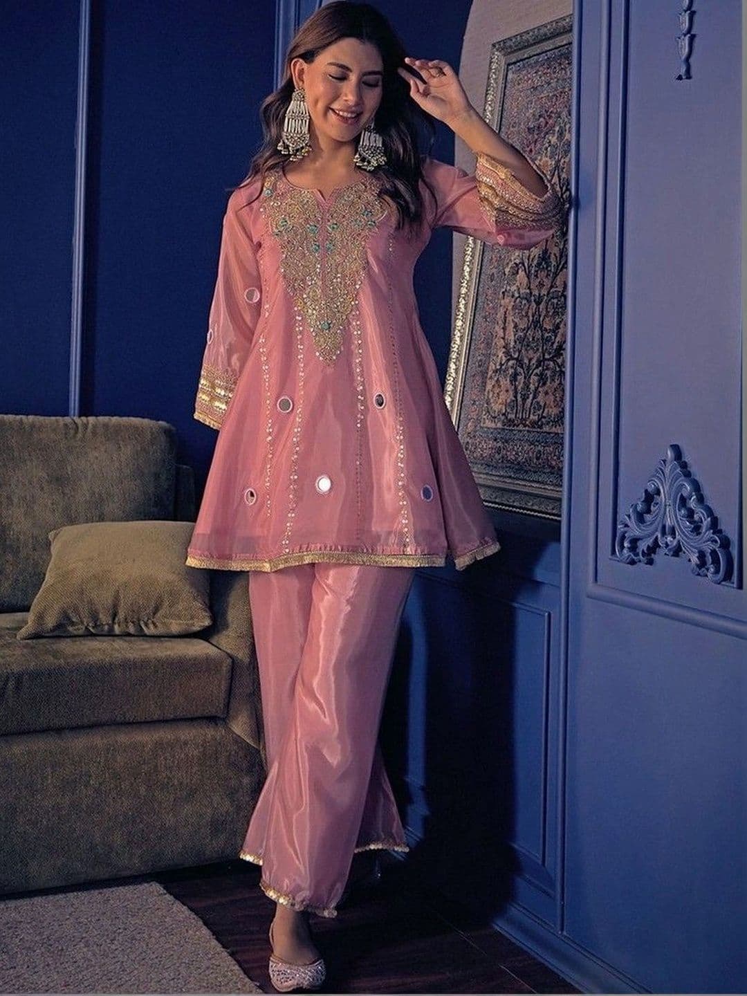 Sangria Women Ethnic Motifs Embroidered Regular Mirror Work Silk Crepe Kurta with Palazzos - view 1