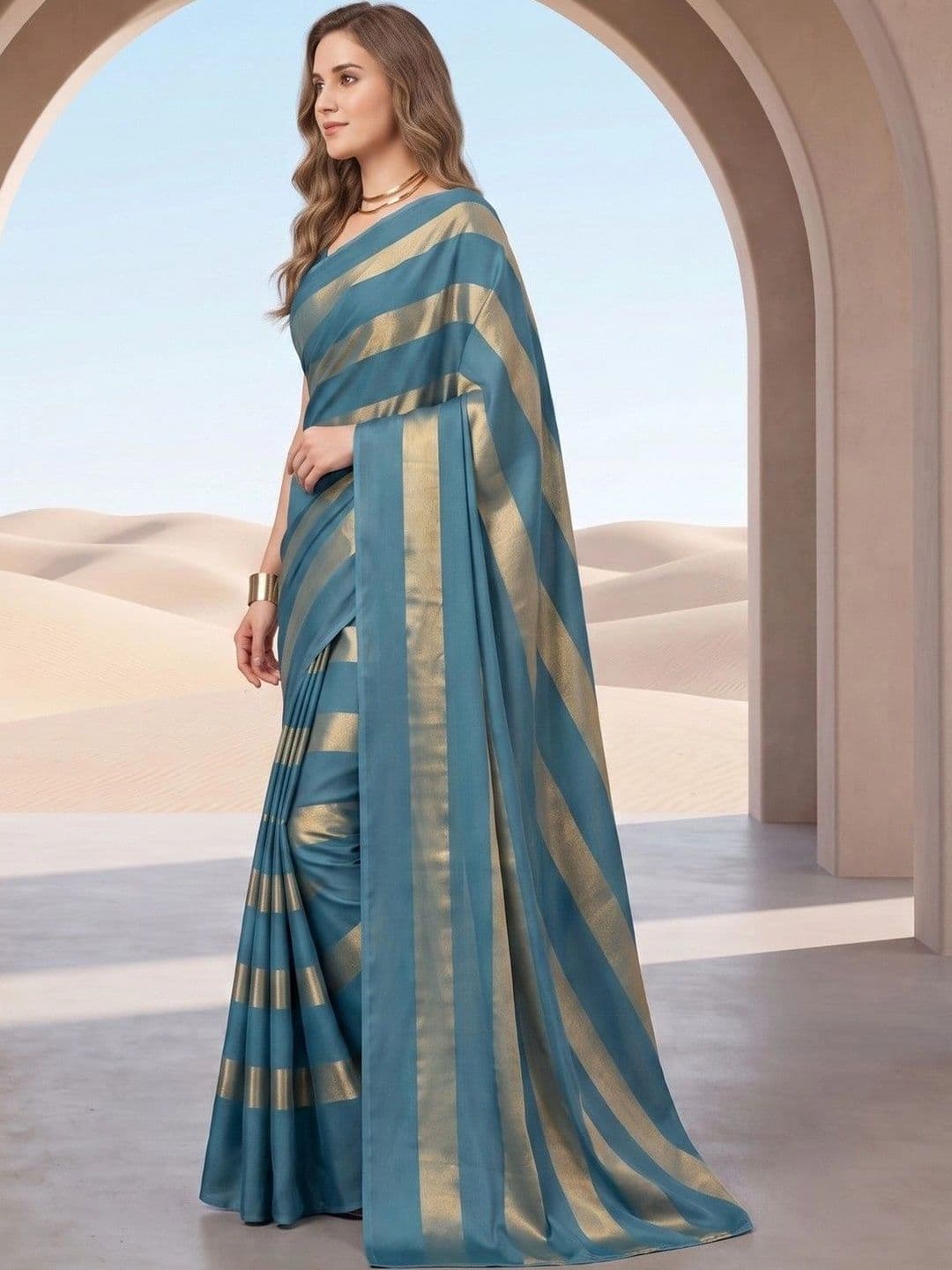 House of Vived Striped Zari Silk Blend Designer Saree thumbnail 5