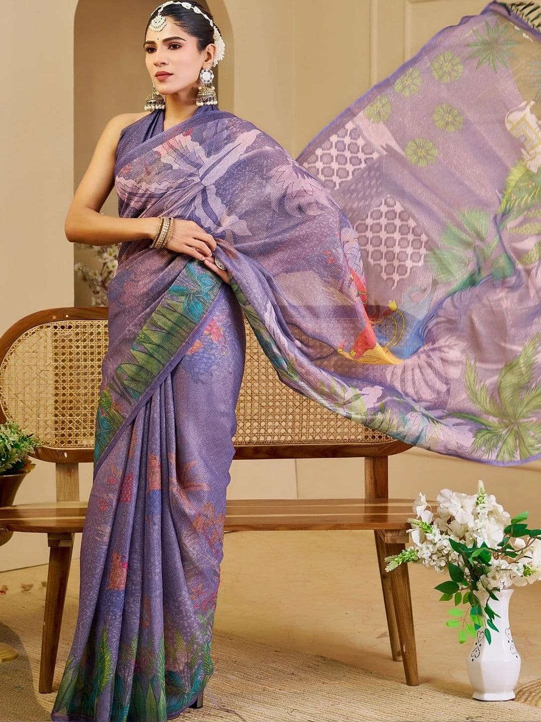 ZAMUNA Women Floral Tissue Designer Bhagalpuri Saree thumbnail 3