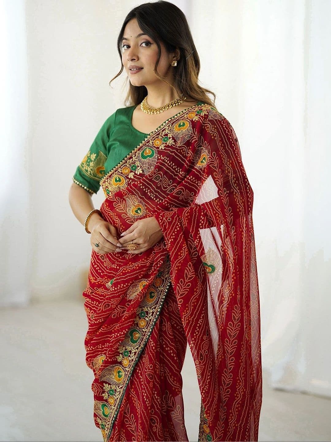 SANISA Bandhani Embroidered Pure Georgette Saree thumbnail 3