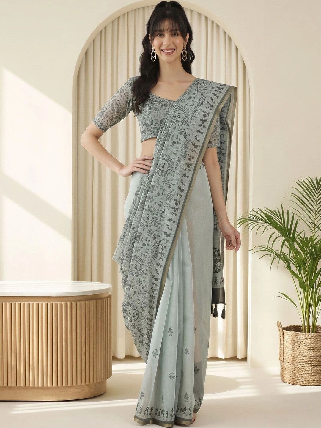 Sangria Warli Linen Blend Fusion Block Print Saree - view 1