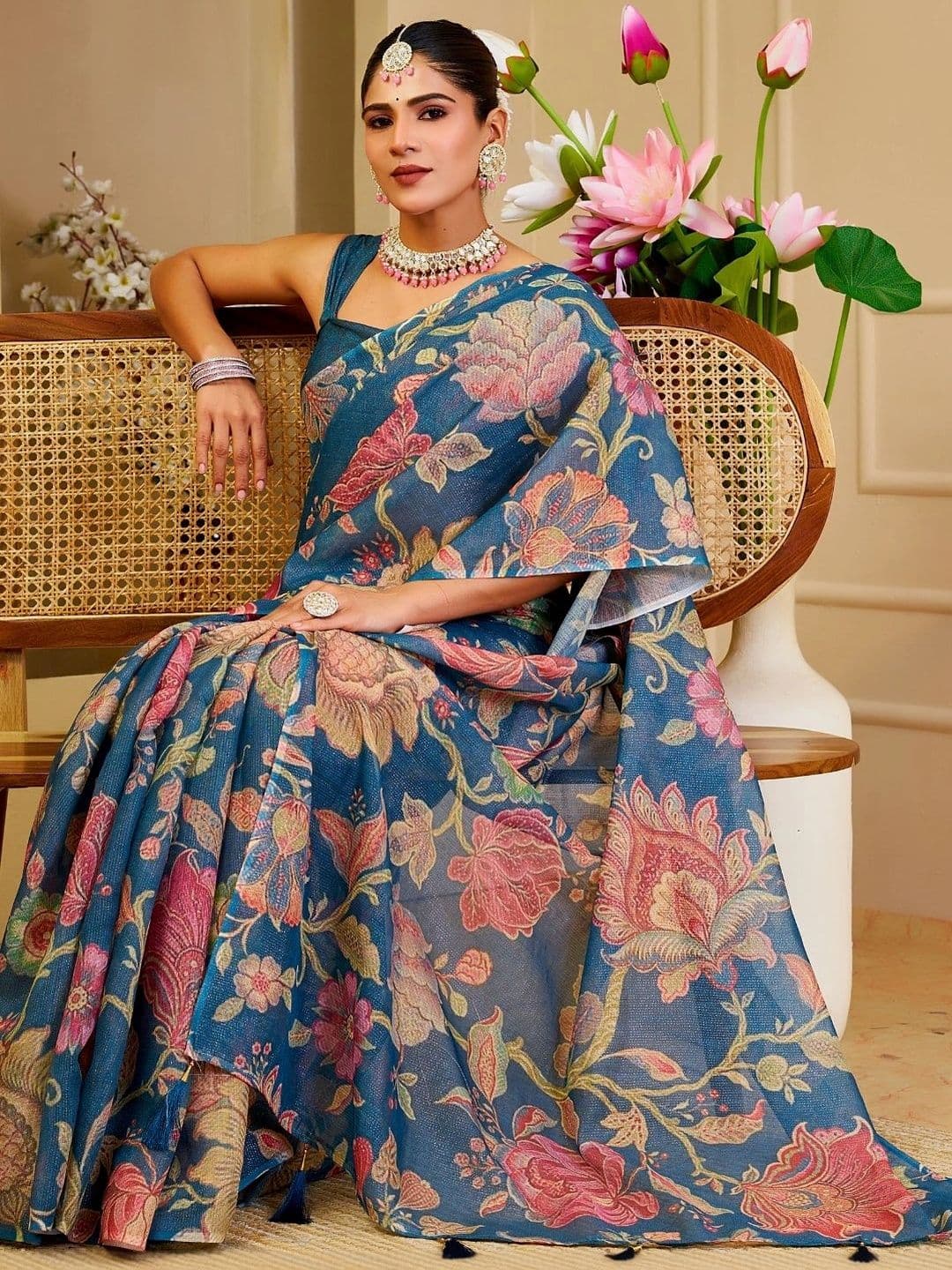 ZAMUNA Floral Tissue Designer Bhagalpuri Saree thumbnail 5