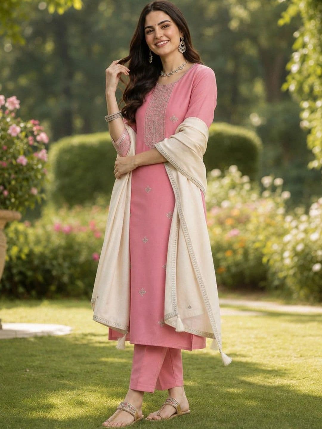 Orriya Women Ethnic Motifs Embroidered Regular Thread Work Kurta with Trousers & With Dupatta thumbnail 2