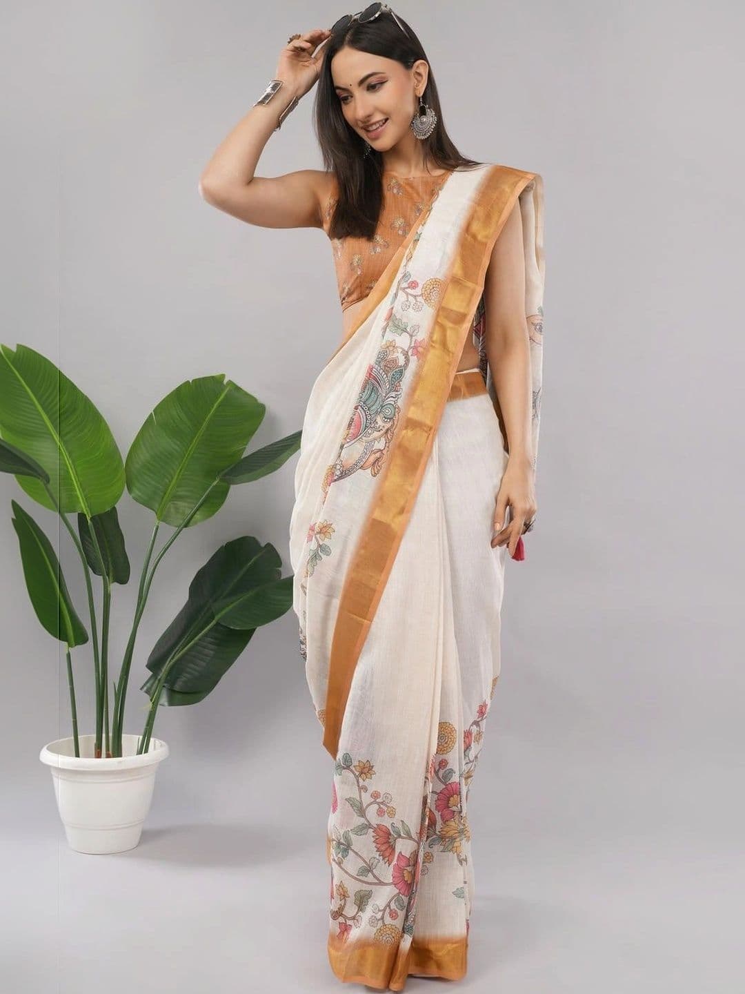 SAMANTHA Kalamkari Printed Linen Saree thumbnail 3
