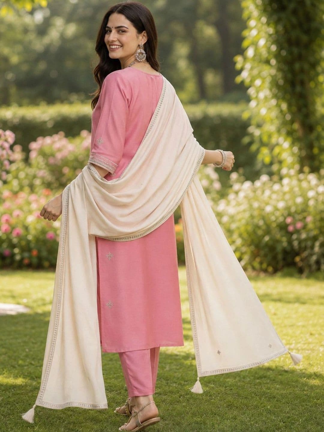 Orriya Women Ethnic Motifs Embroidered Regular Thread Work Kurta with Trousers & With Dupatta thumbnail 4