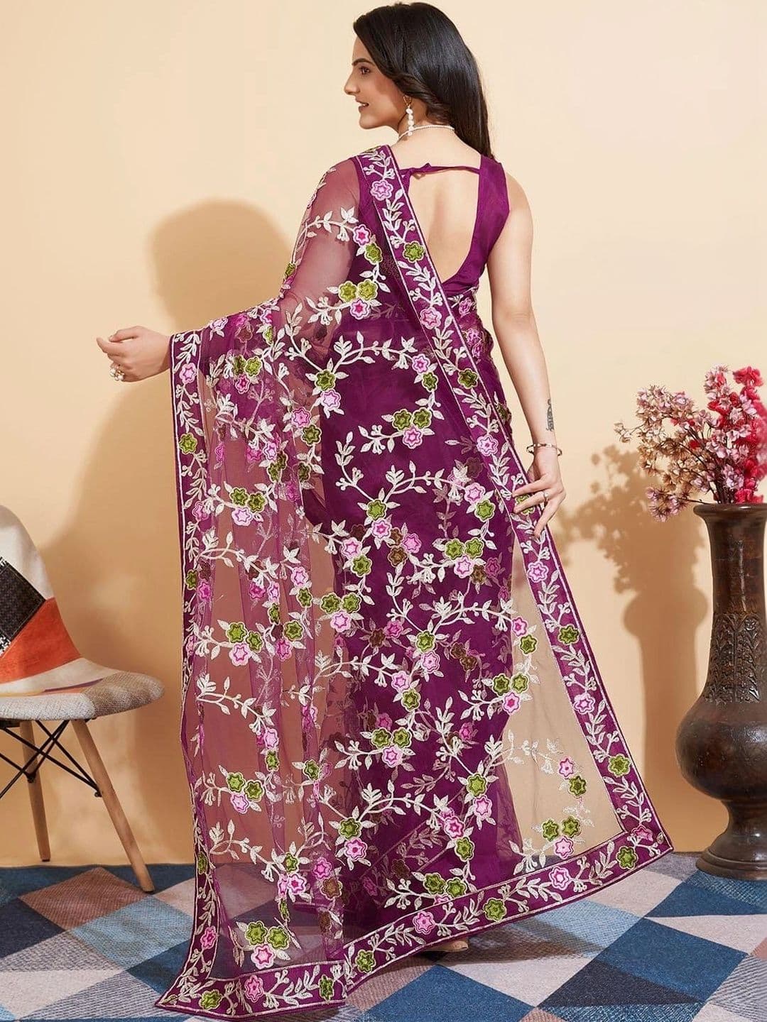 akhodalkrp Floral Embroidered Net Saree thumbnail 2
