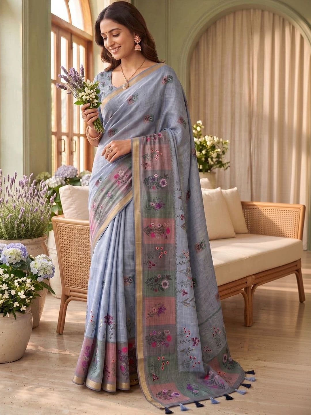 Mitera Floral Linen Blend Tussar Saree thumbnail 4