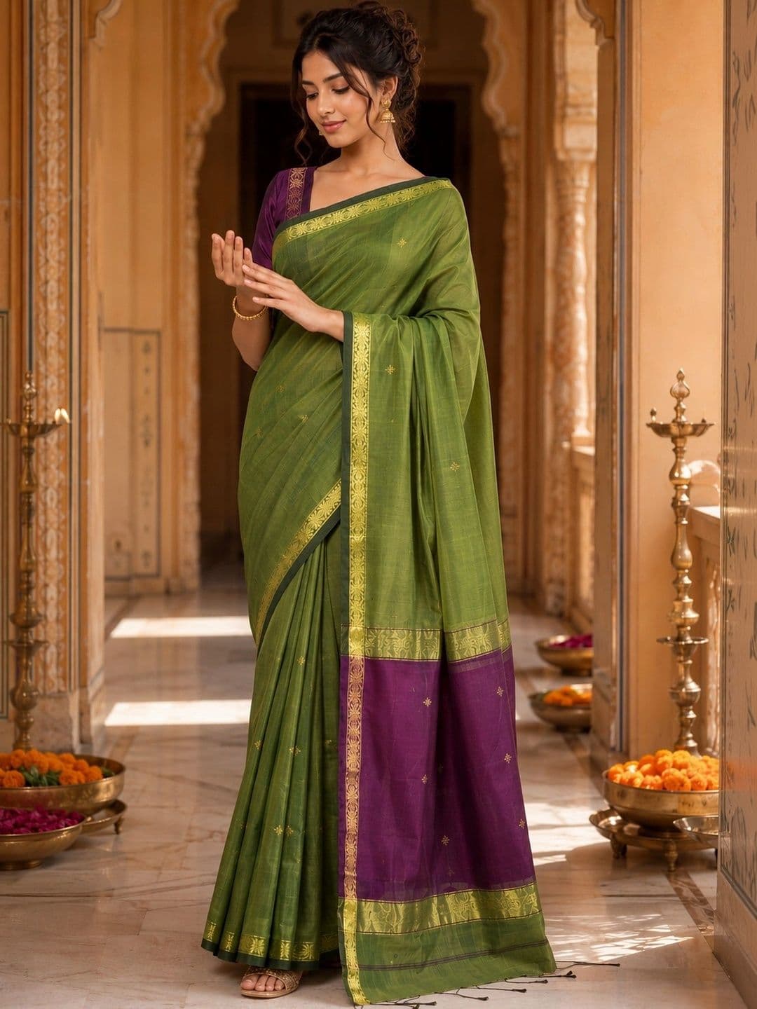 Saatika Women Cotton Solid Zari Saree with Blouse Piece thumbnail 4