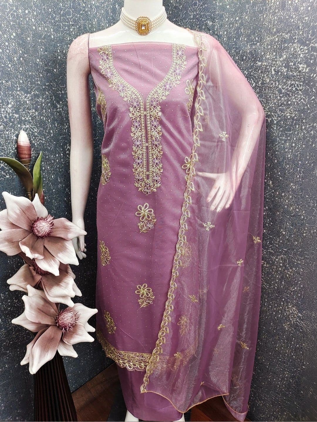 TAVAS Embroidered Organza Unstitched Dress Material thumbnail 3