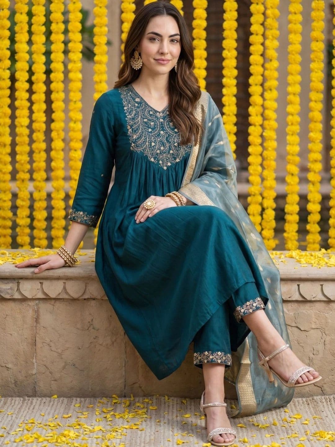 Anouk Women Ethnic Motifs Embroidered Thread Work Kurta with Trousers & With Dupatta - view 1