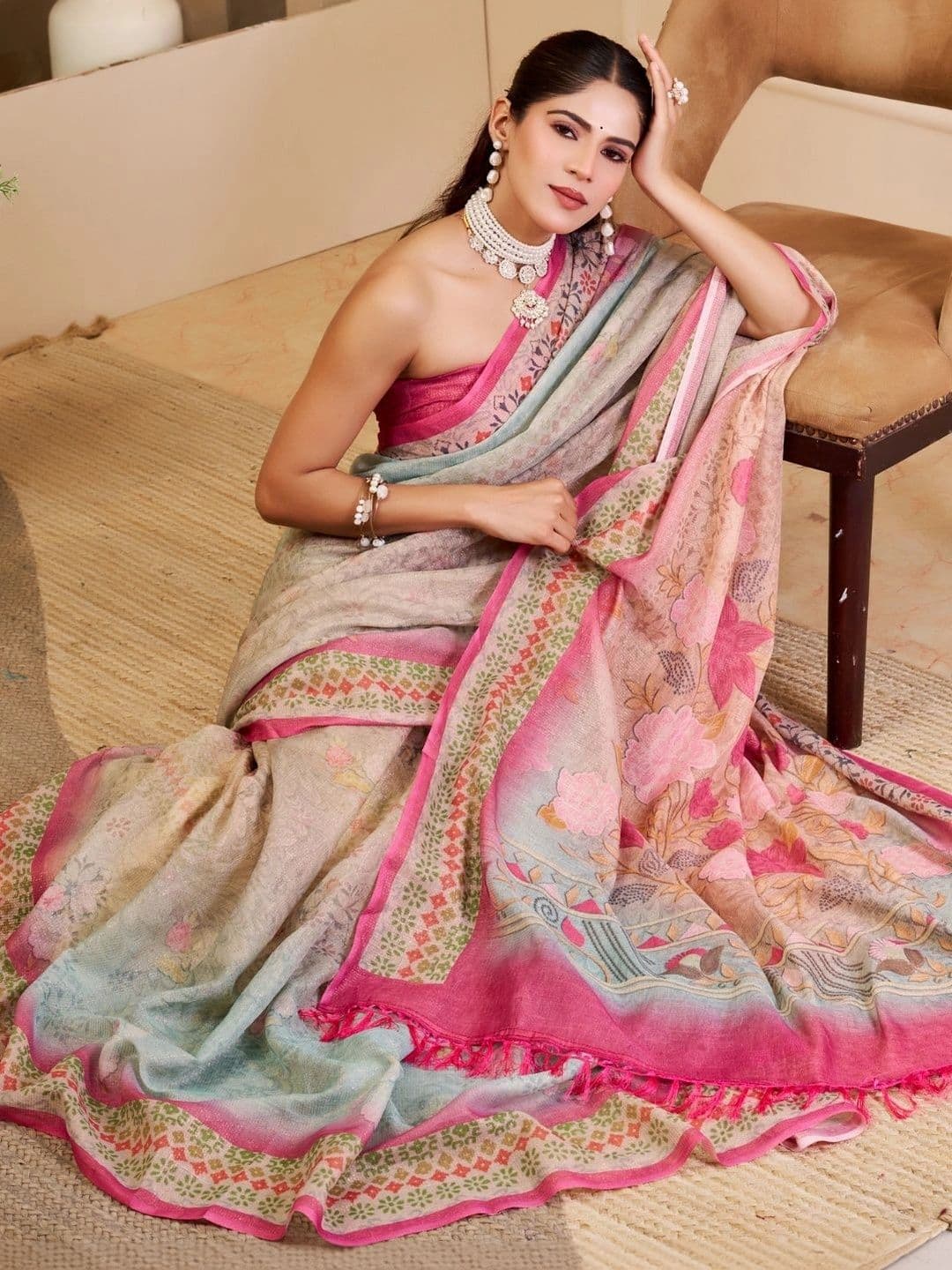 ZAMUNA Floral Tissue Designer Bhagalpuri Saree thumbnail 3