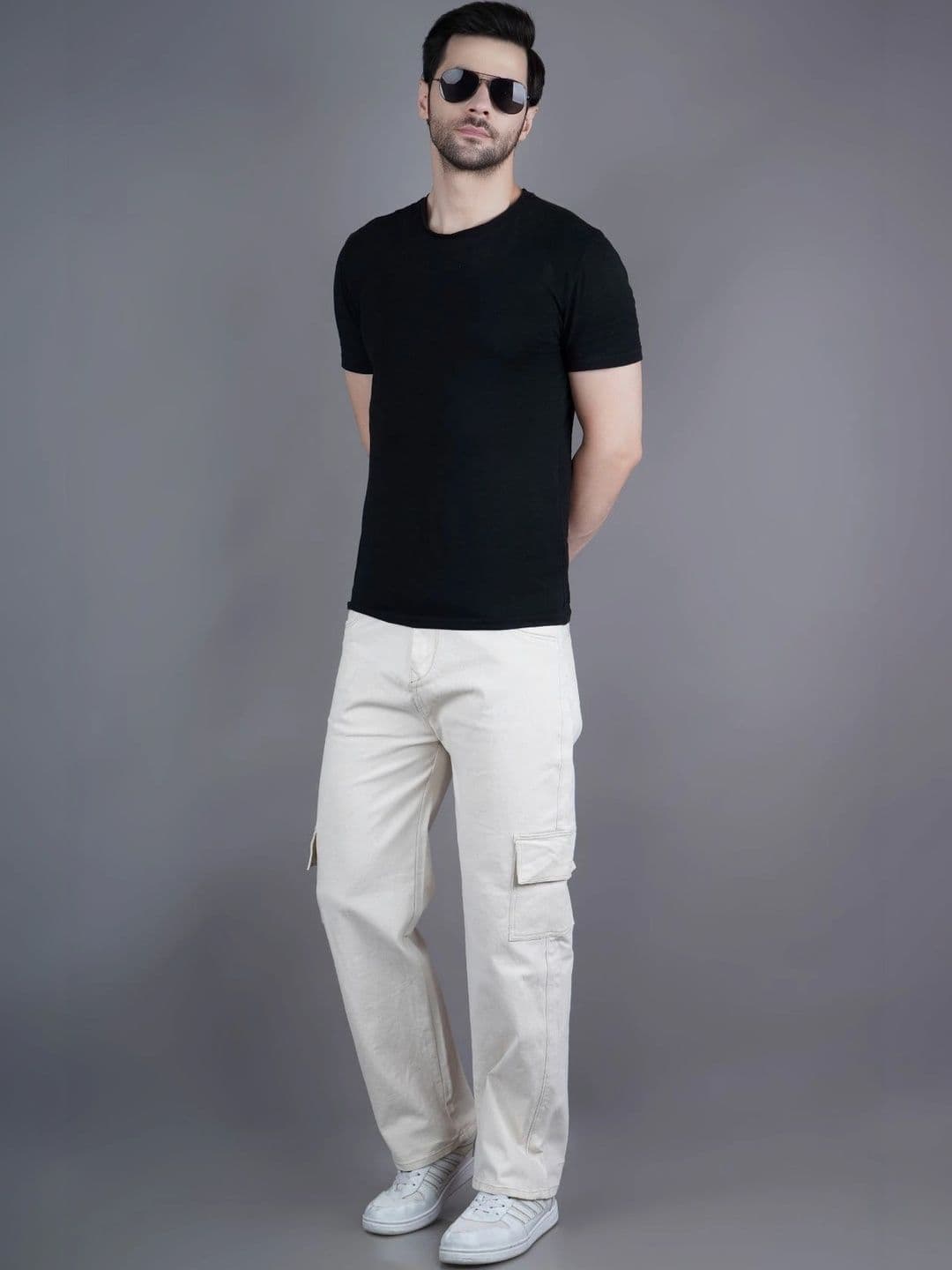 HERE&NOW Men's Beige Mid-Rise Cargo Relaxed Straight Jeans thumbnail 5