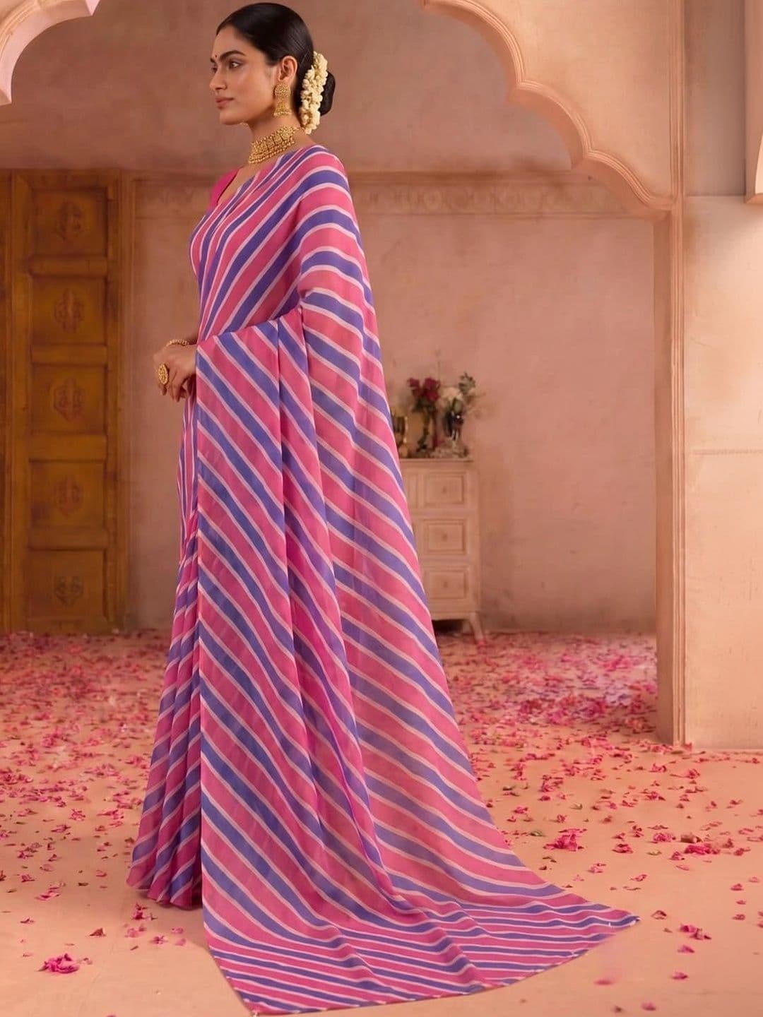 SAMANTHA Striped Poly Georgette Leheriya Saree thumbnail 5