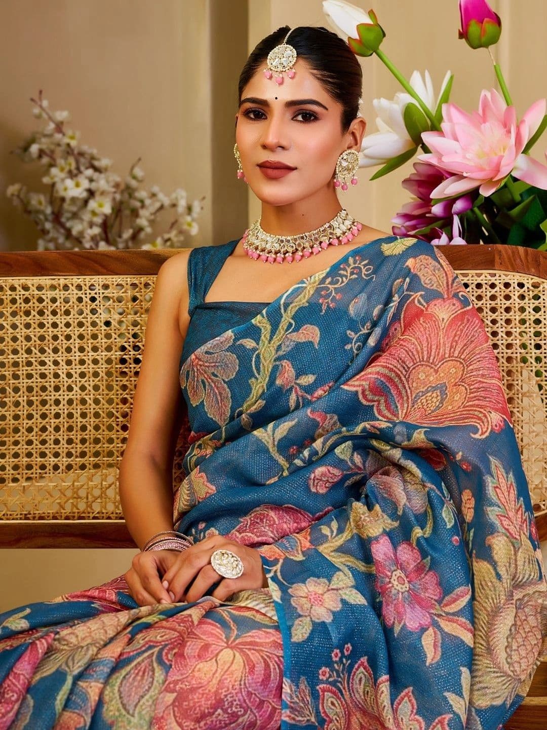 ZAMUNA Floral Tissue Designer Bhagalpuri Saree thumbnail 2