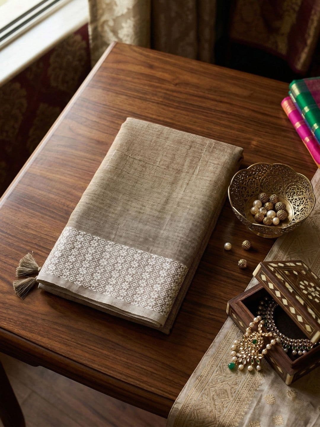 Mitera Striped Embroidered Linen Blend Saree thumbnail 4
