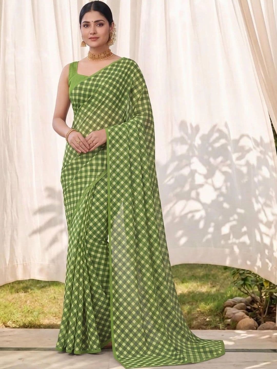 SAMANTHA Checked Poly Georgette Saree - view 1
