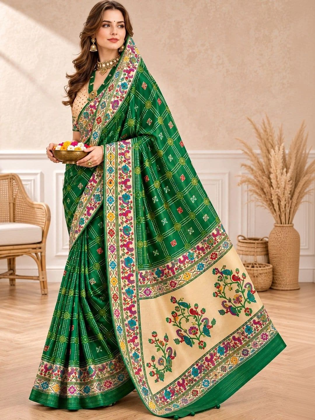 all about you Women Ethnic Motifs Zari Silk Blend Designer Paithani Saree with Tassels thumbnail 5