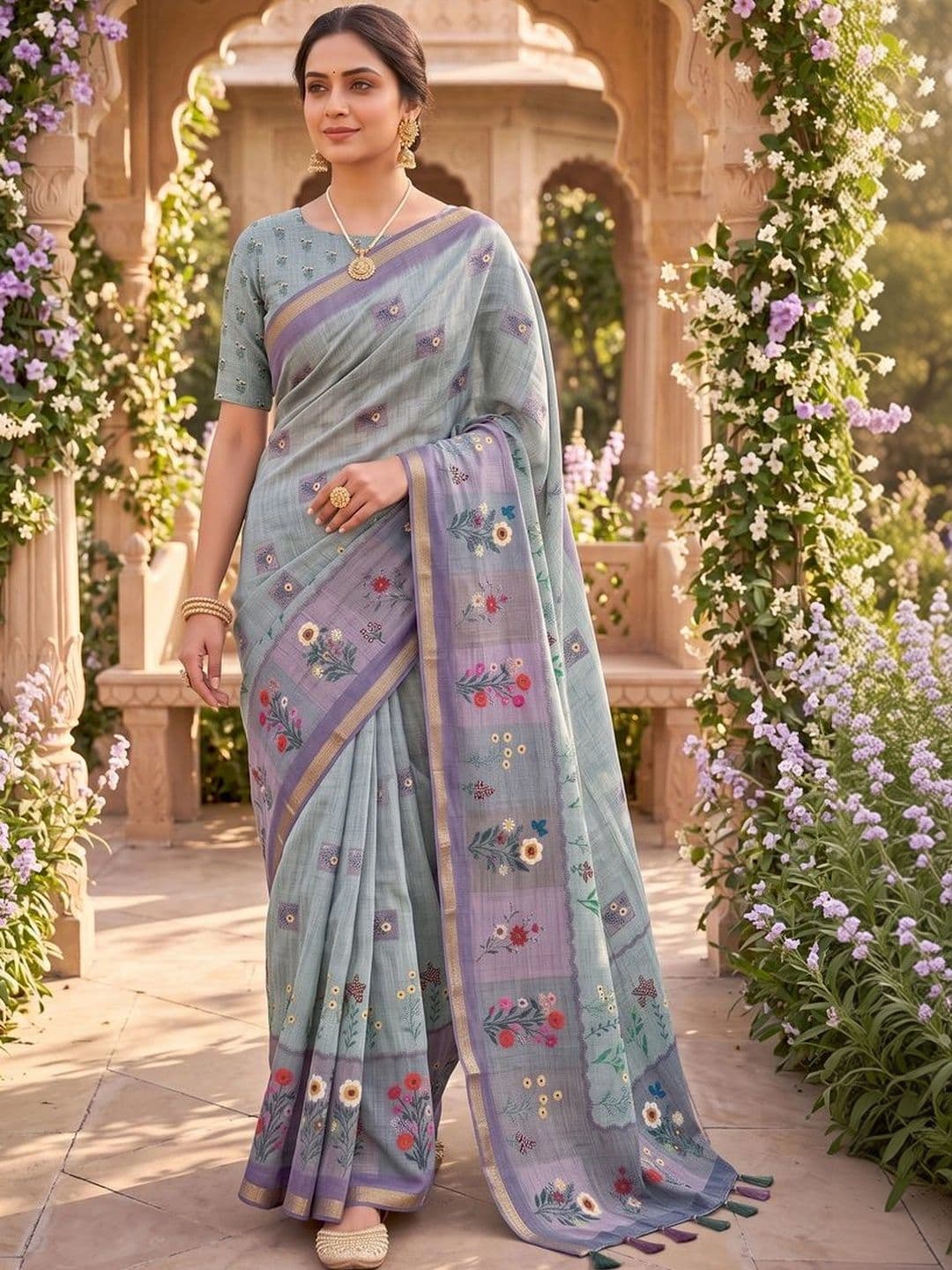 Mitera Floral Linen Blend Tussar Saree - view 1