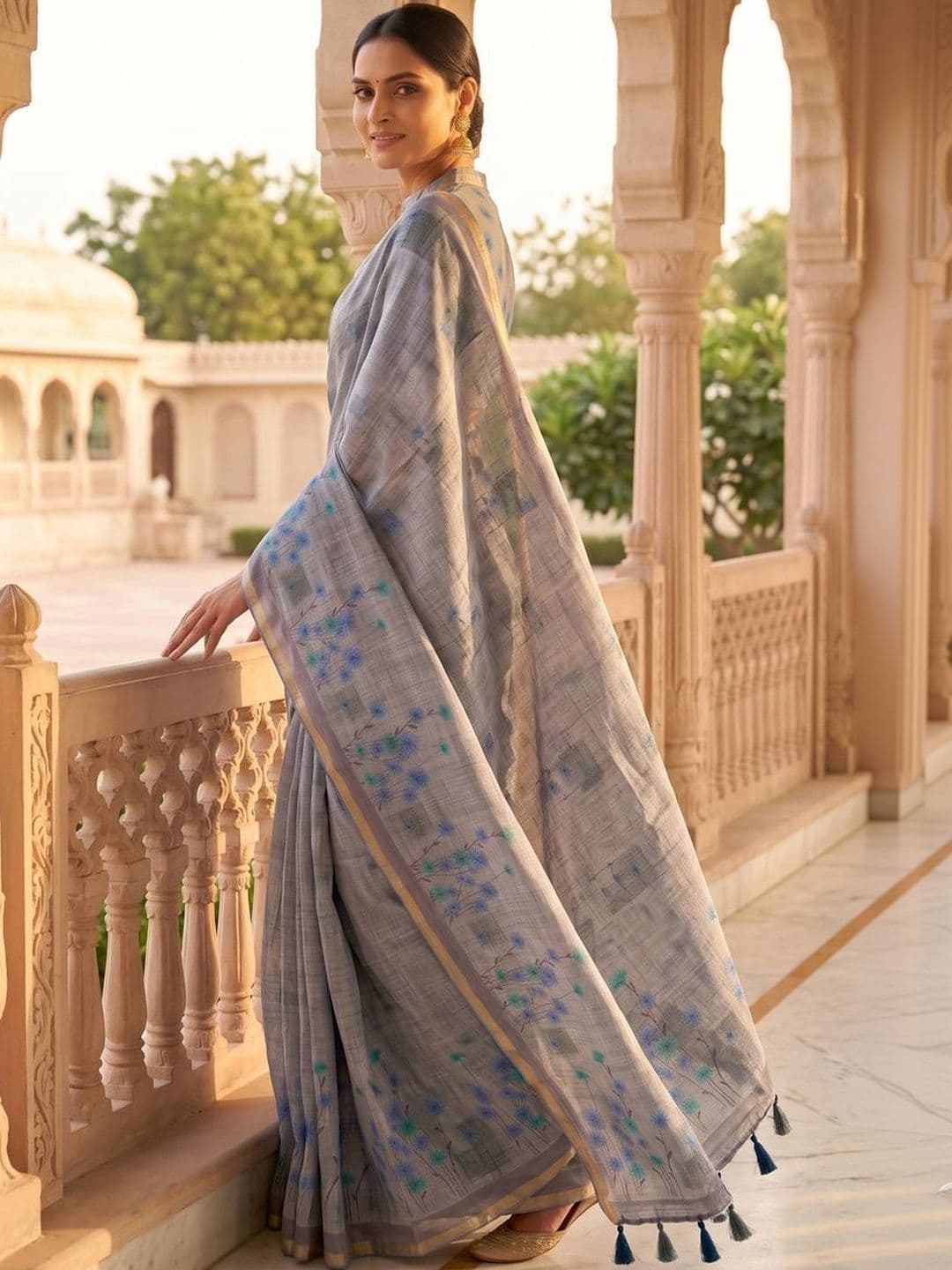 Mitera Floral Linen Blend Tussar Saree thumbnail 5