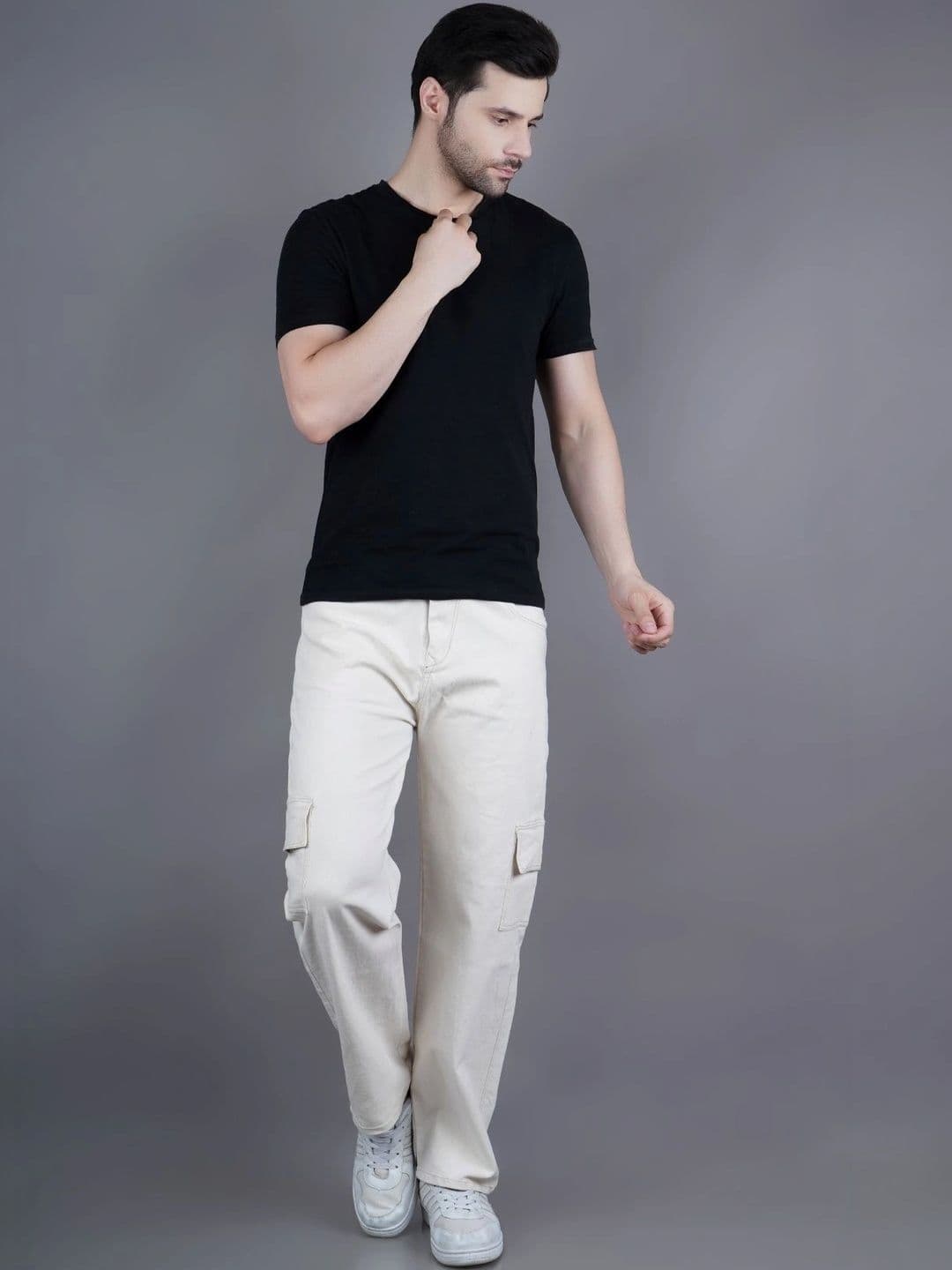 HERE&NOW Men's Solid Beige Cargo Mid-Rise Relaxed Straight Fit Jeans thumbnail 2