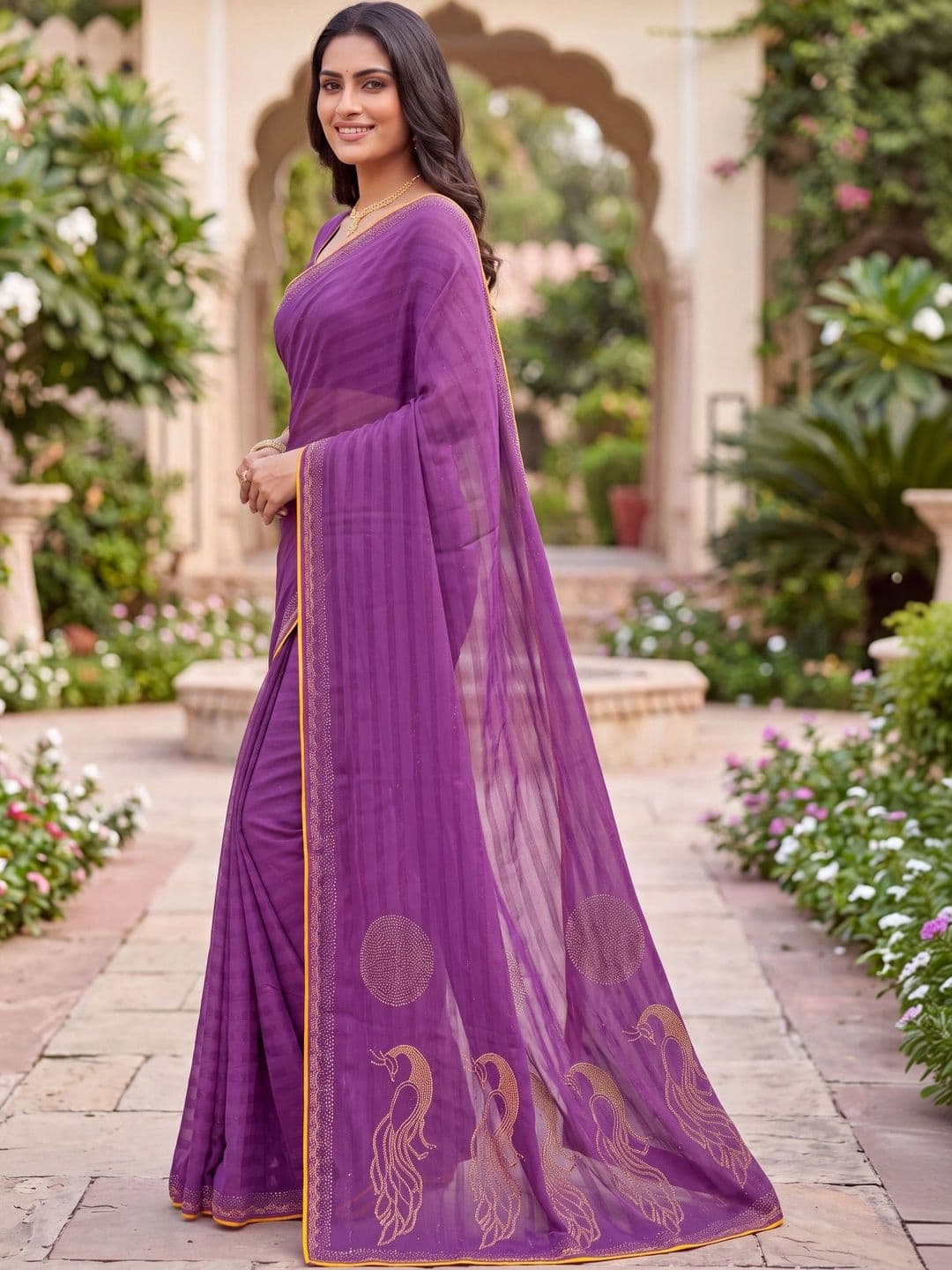 Jaipur Vogue Striped Embroidered Poly Georgette Saree thumbnail 3