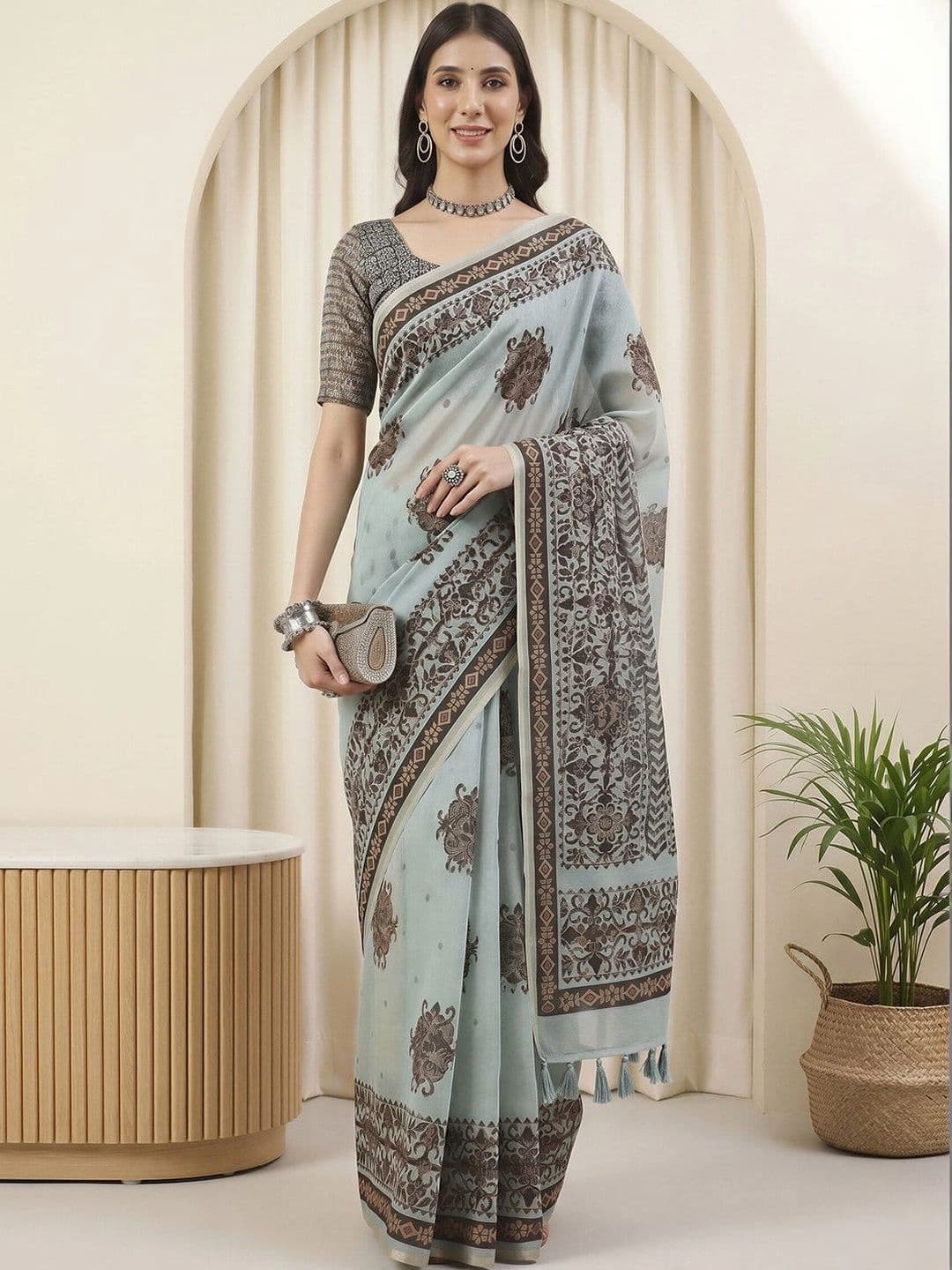 Sangria Ethnic Motifs Linen Blend Designer Block Print Saree - view 1
