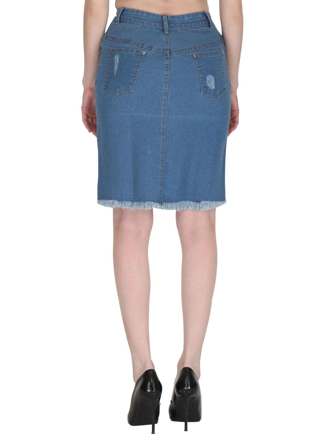 Peptrends Women Denim Frayed Denim Knee Length A-Line Skirt thumbnail 2