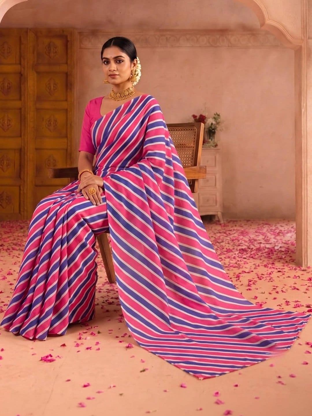 SAMANTHA Striped Poly Georgette Leheriya Saree thumbnail 4