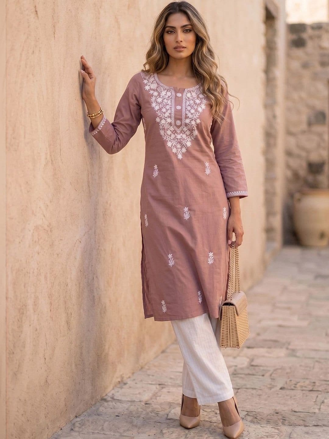 KALAMIR Women Ethnic Motifs Embroidered Chikankari Kurta thumbnail 6