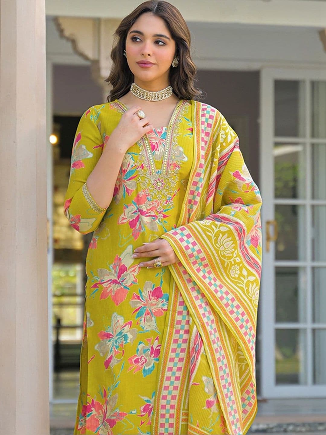 KALINI Women Floral Printed Regular Thread Work Kurta with Trousers & With Dupatta - view 1