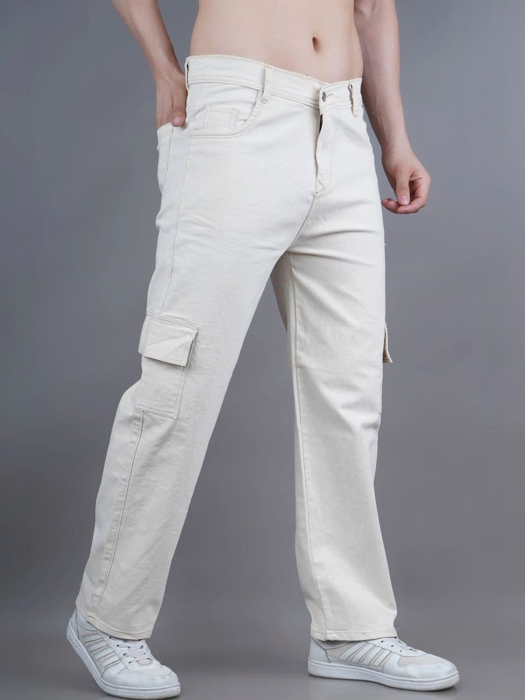 HERE&NOW Men's Beige Mid-Rise Cargo Wide-Leg Jeans thumbnail 2