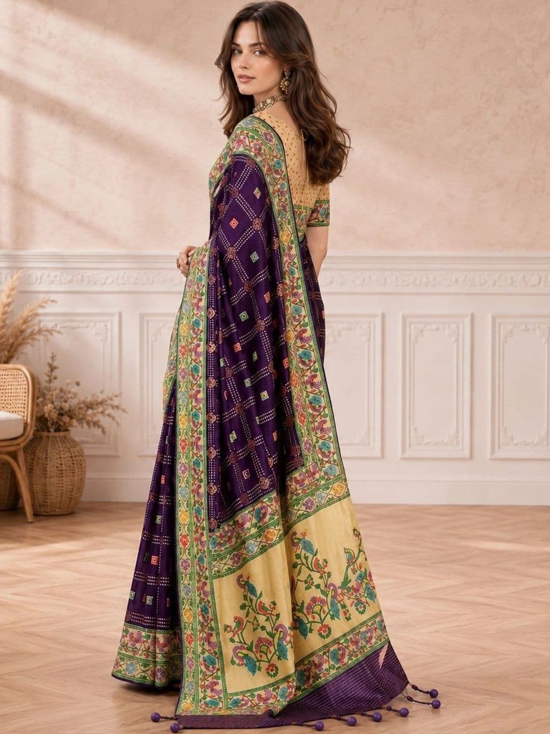 all about you Bandhani Embroidered Silk Blend Designer Paithani Saree thumbnail 3