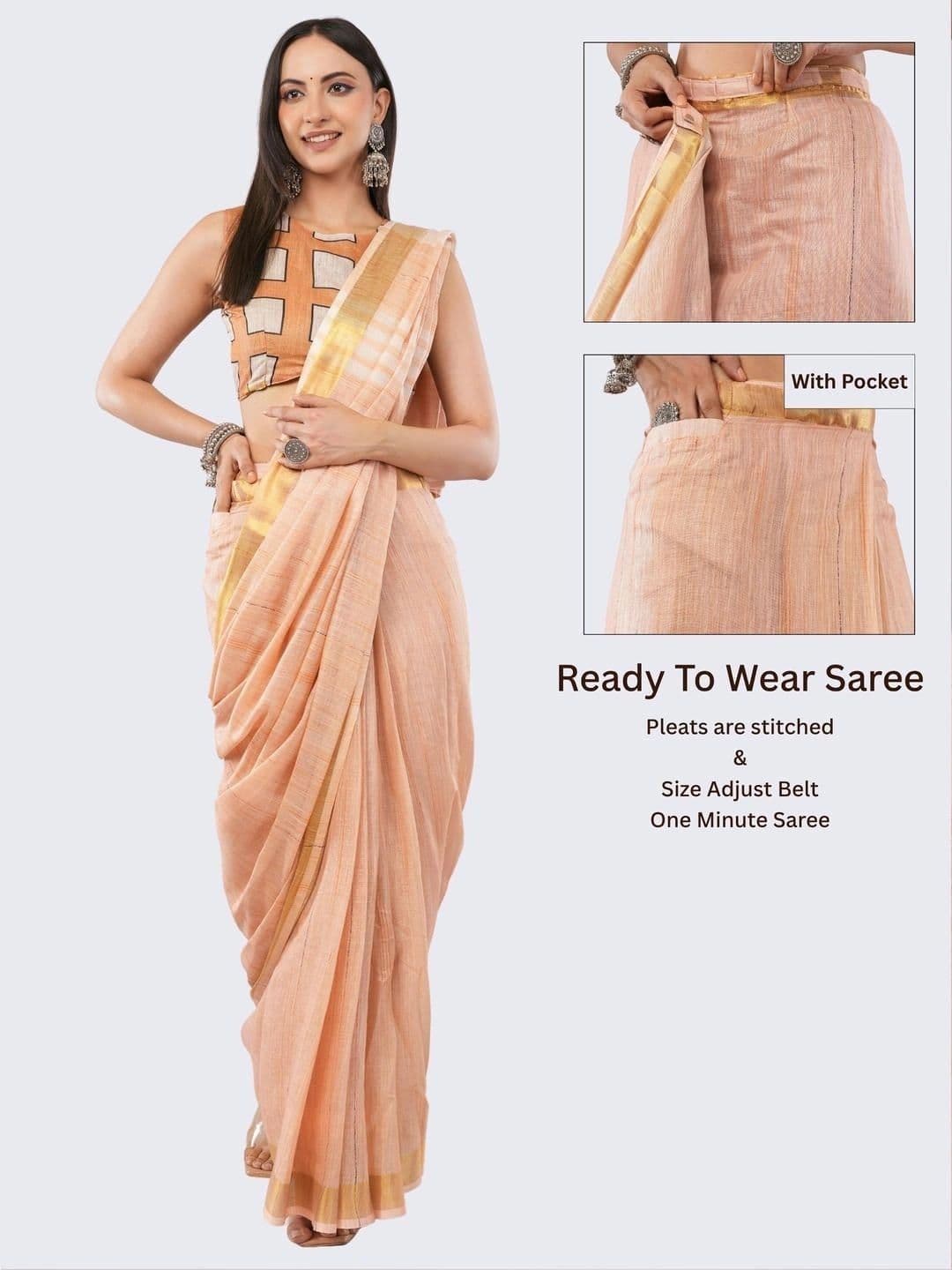 SAMANTHA Striped Linen Blend Belted Saree thumbnail 2
