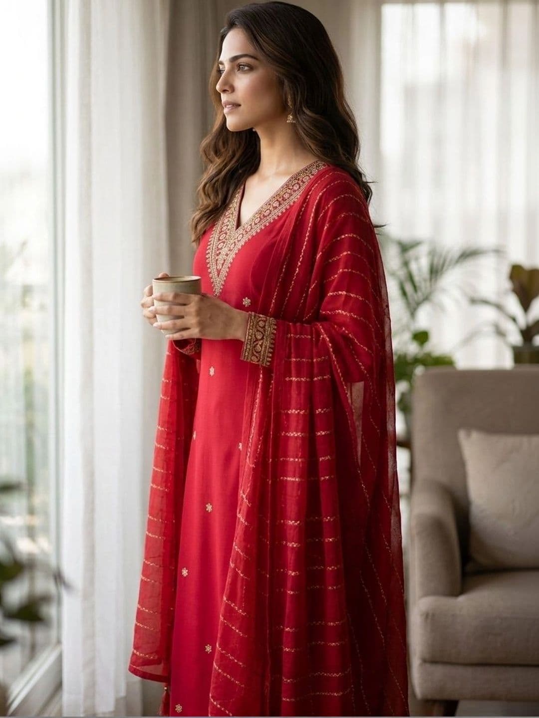 Orriya Women Ethnic Motifs Embroidered Regular Thread Work Kurta with Trousers & With Dupatta thumbnail 5