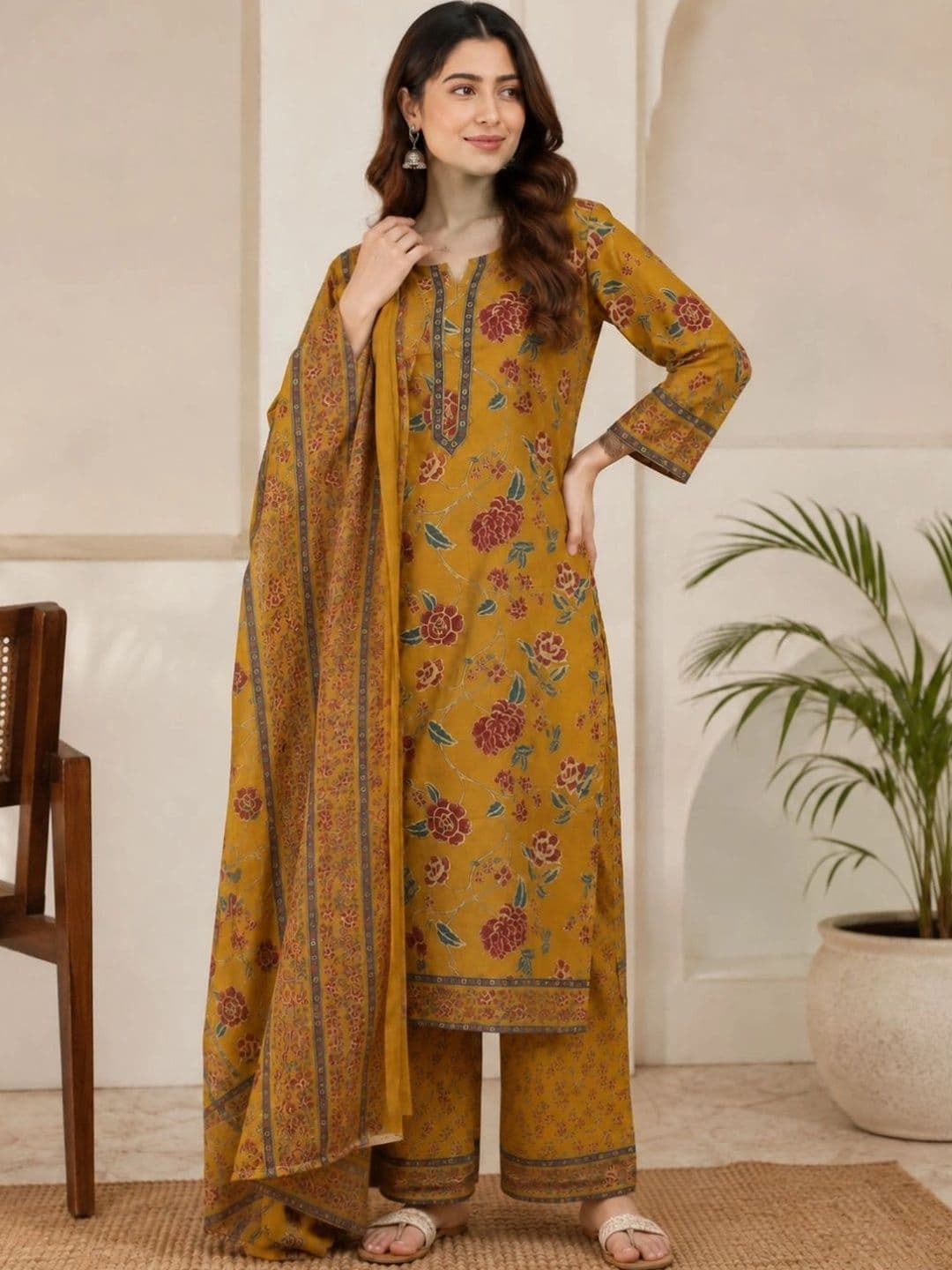 Sangria Women Floral Printed Regular Pure Cotton Kurta with Palazzos & With Dupatta - view 1