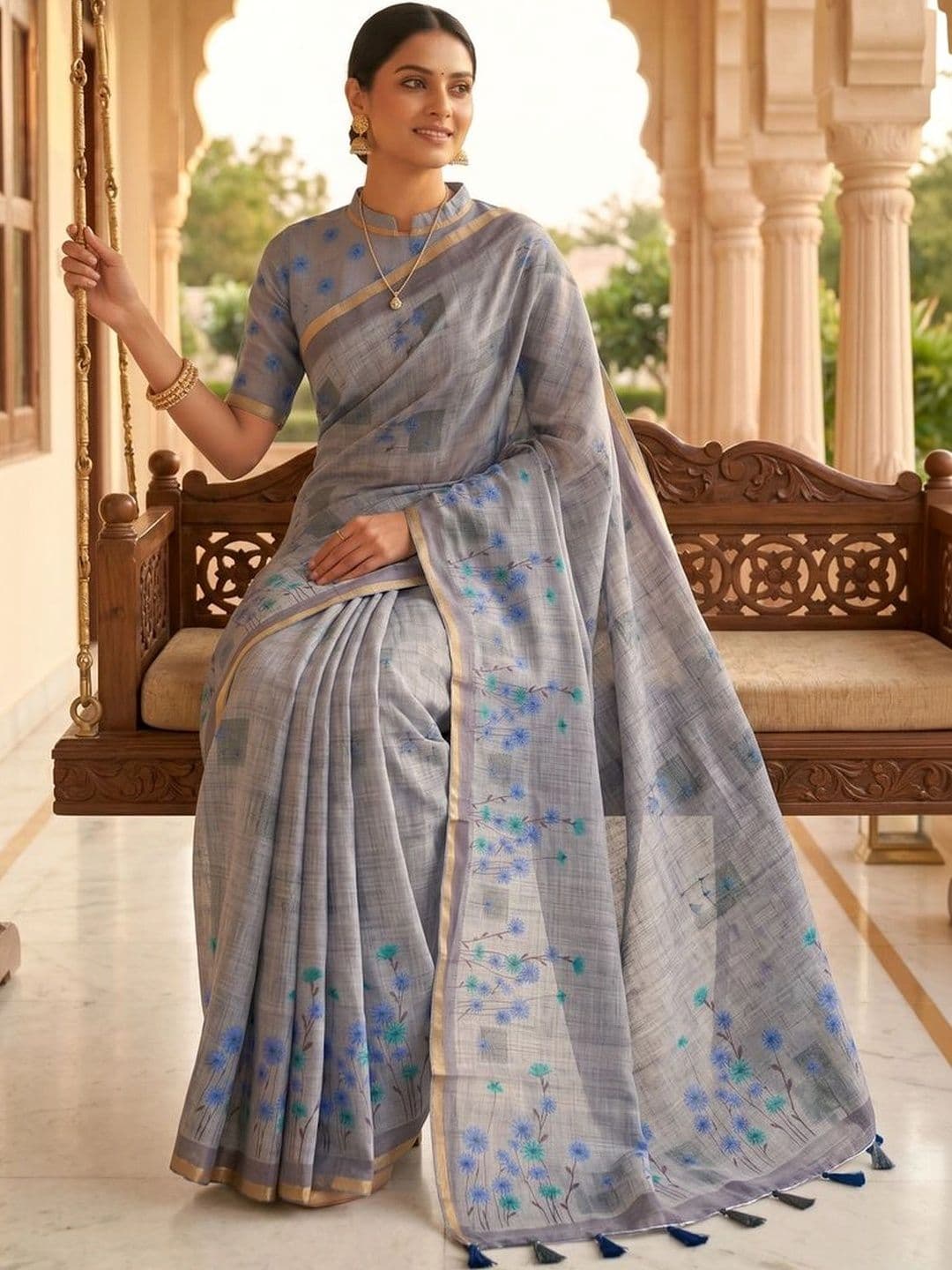 Mitera Floral Linen Blend Tussar Saree - view 1