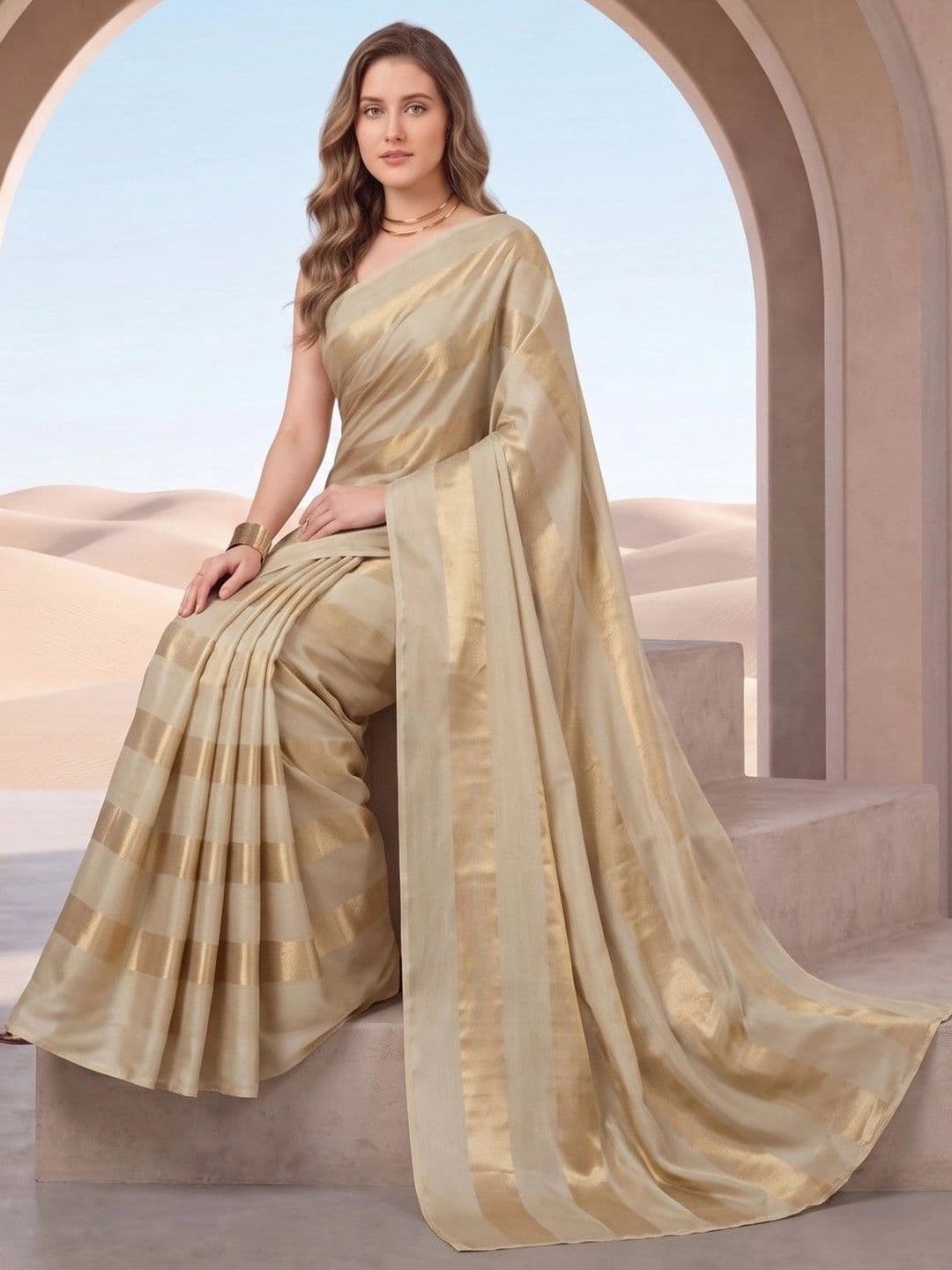 House of Vived Striped Zari Silk Blend Designer Saree thumbnail 5