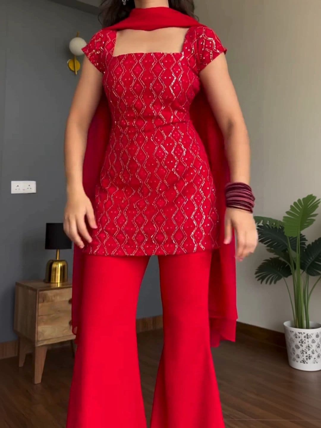 HERE&NOW Women Ethnic Motifs Embroidered Regular Sequinned Kurta with Palazzos & With Dupatta thumbnail 2