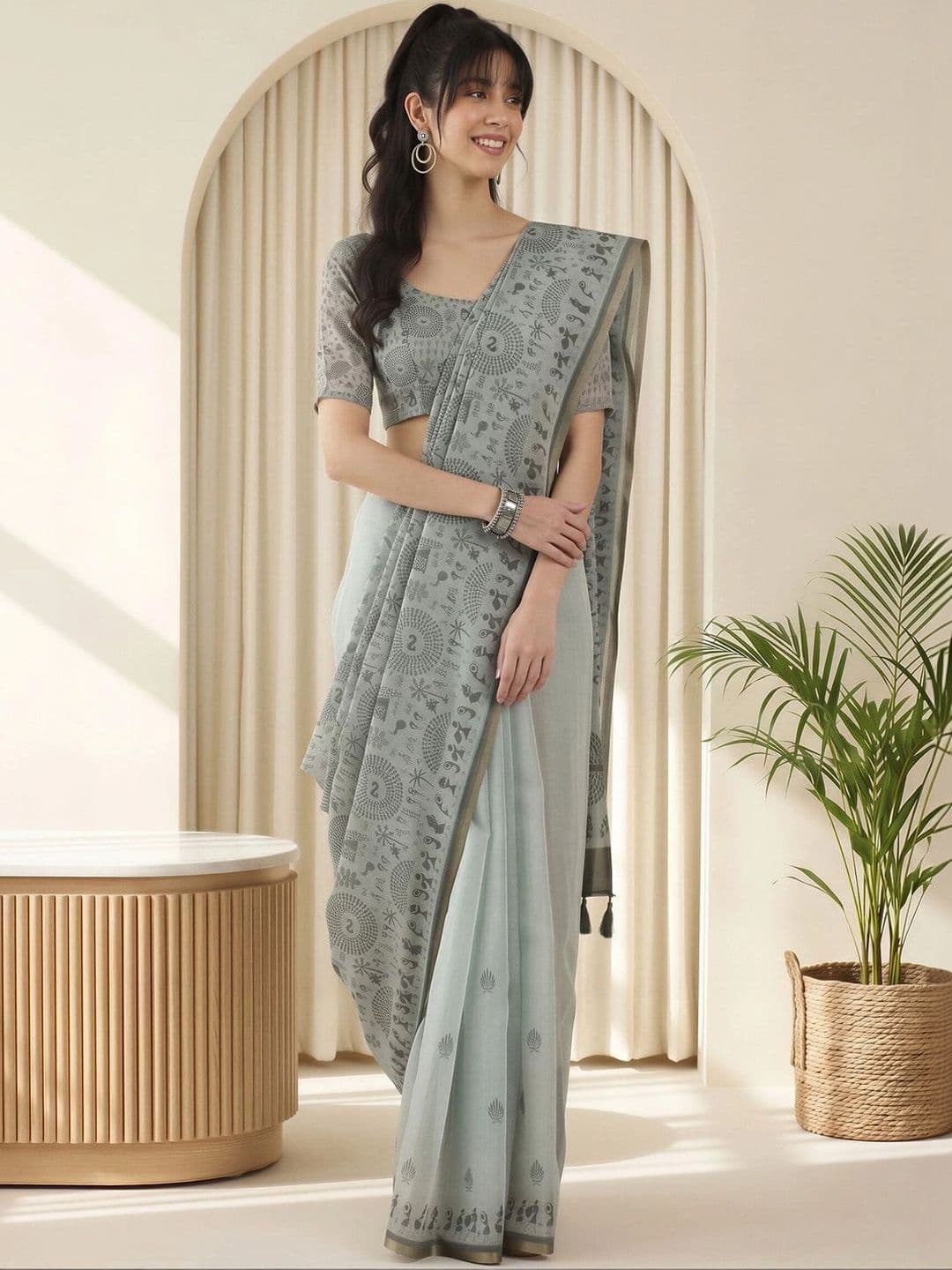 Sangria Warli Linen Blend Fusion Block Print Saree thumbnail 7