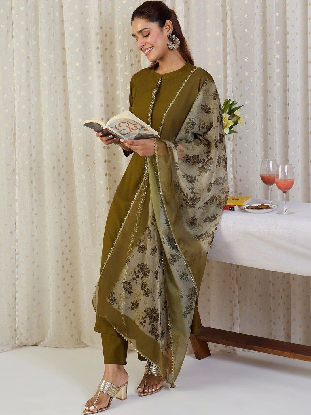 KALINI Women Ethnic Motifs Regular Thread Work Kurta with Trousers & With Dupatta thumbnail 5