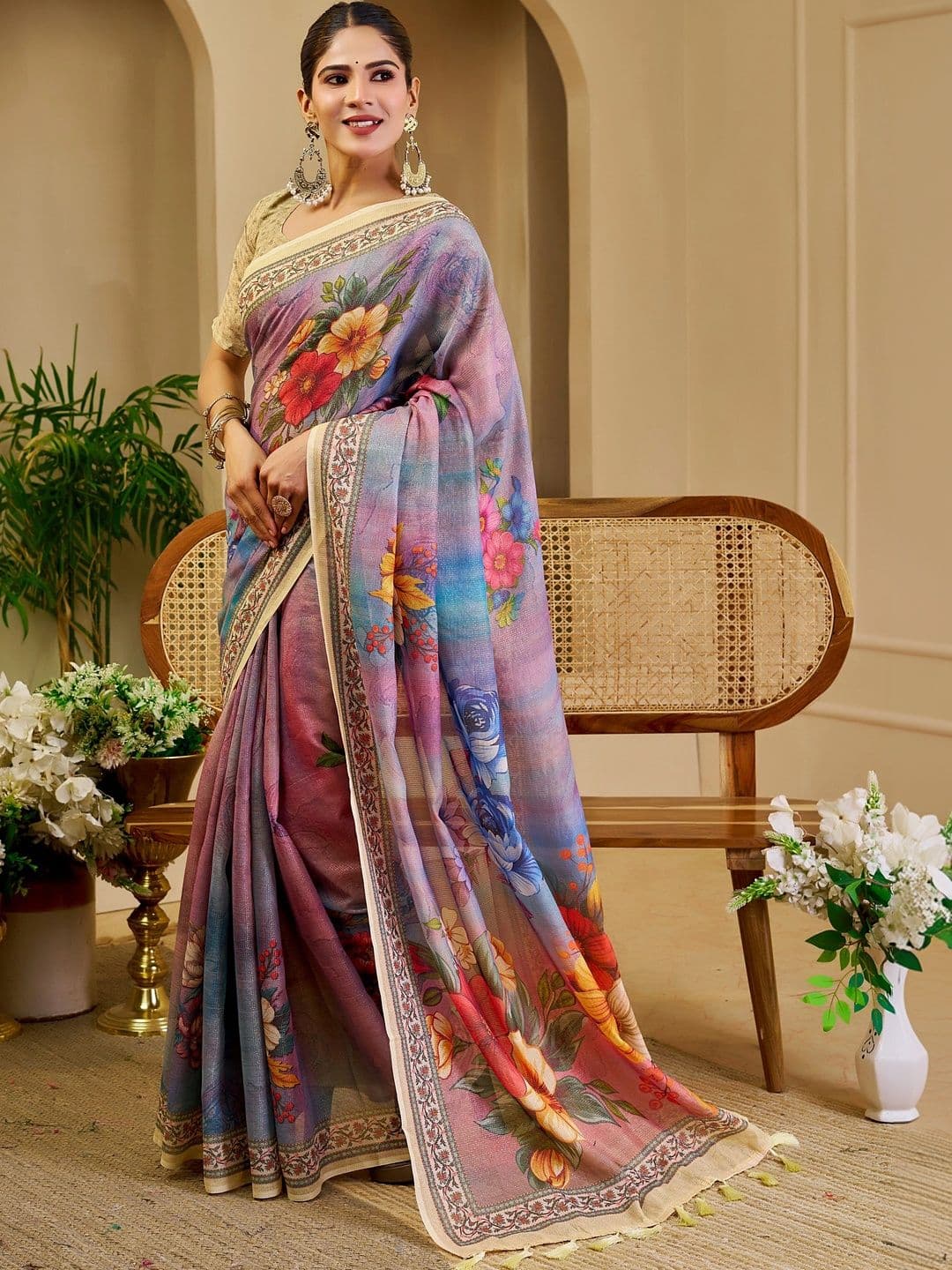 SAIYAMORI Floral Pure Cotton Fusion Saree thumbnail 4