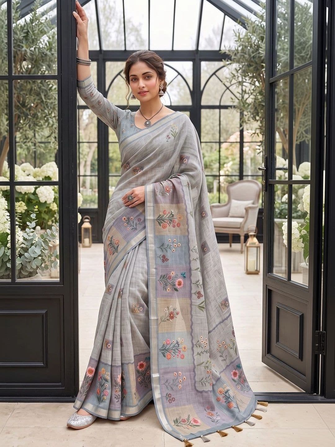 Mitera Floral Embroidered Linen Blend Tussar Saree thumbnail 7