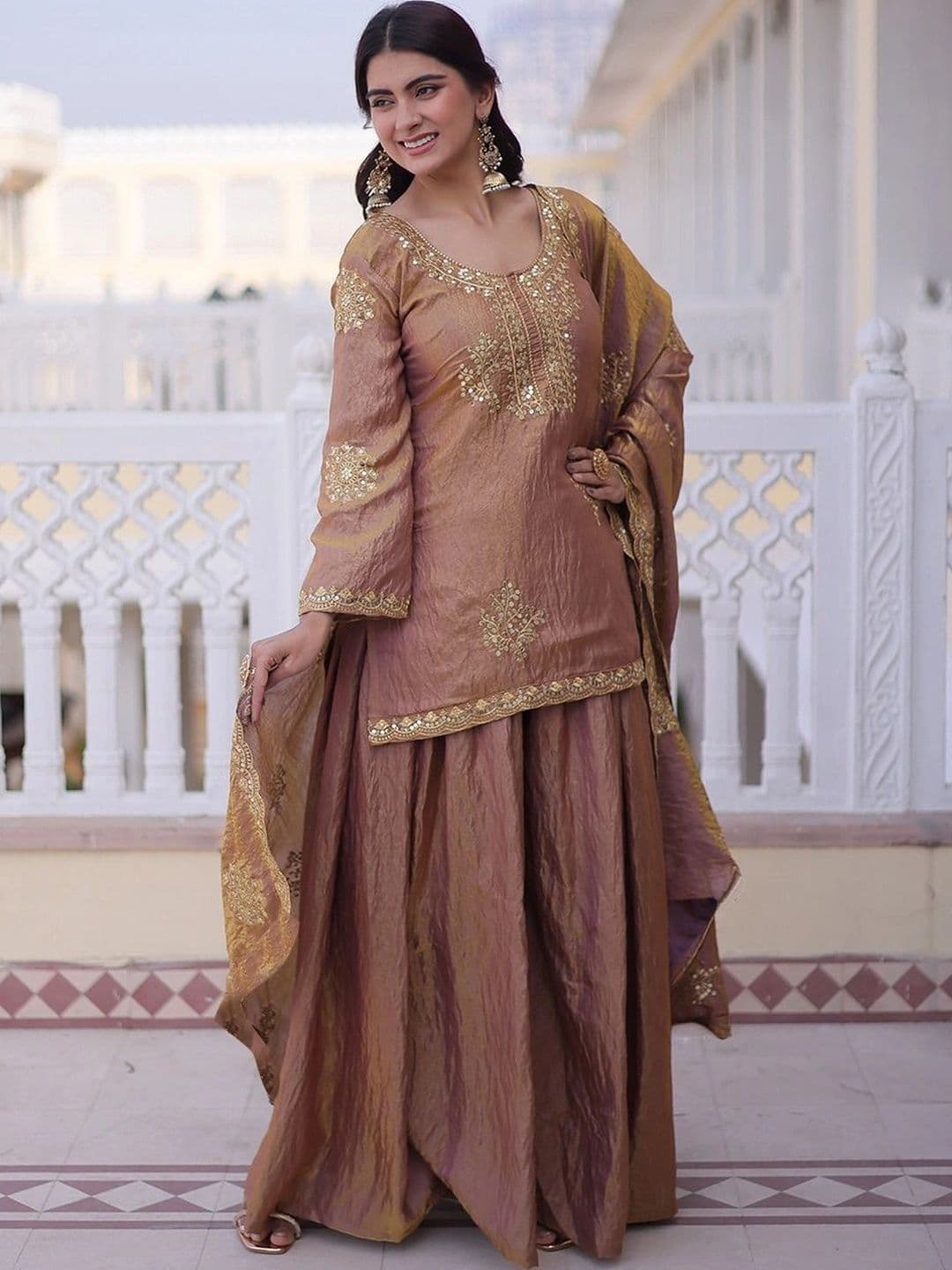 KALINI Women Embroidered Regular Dupion Silk Kurta with Sharara & With Dupatta thumbnail 4
