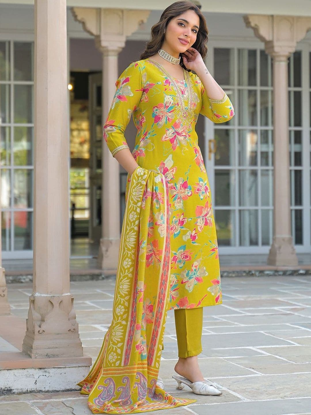 KALINI Women Floral Printed Regular Thread Work Kurta with Trousers & With Dupatta thumbnail 3