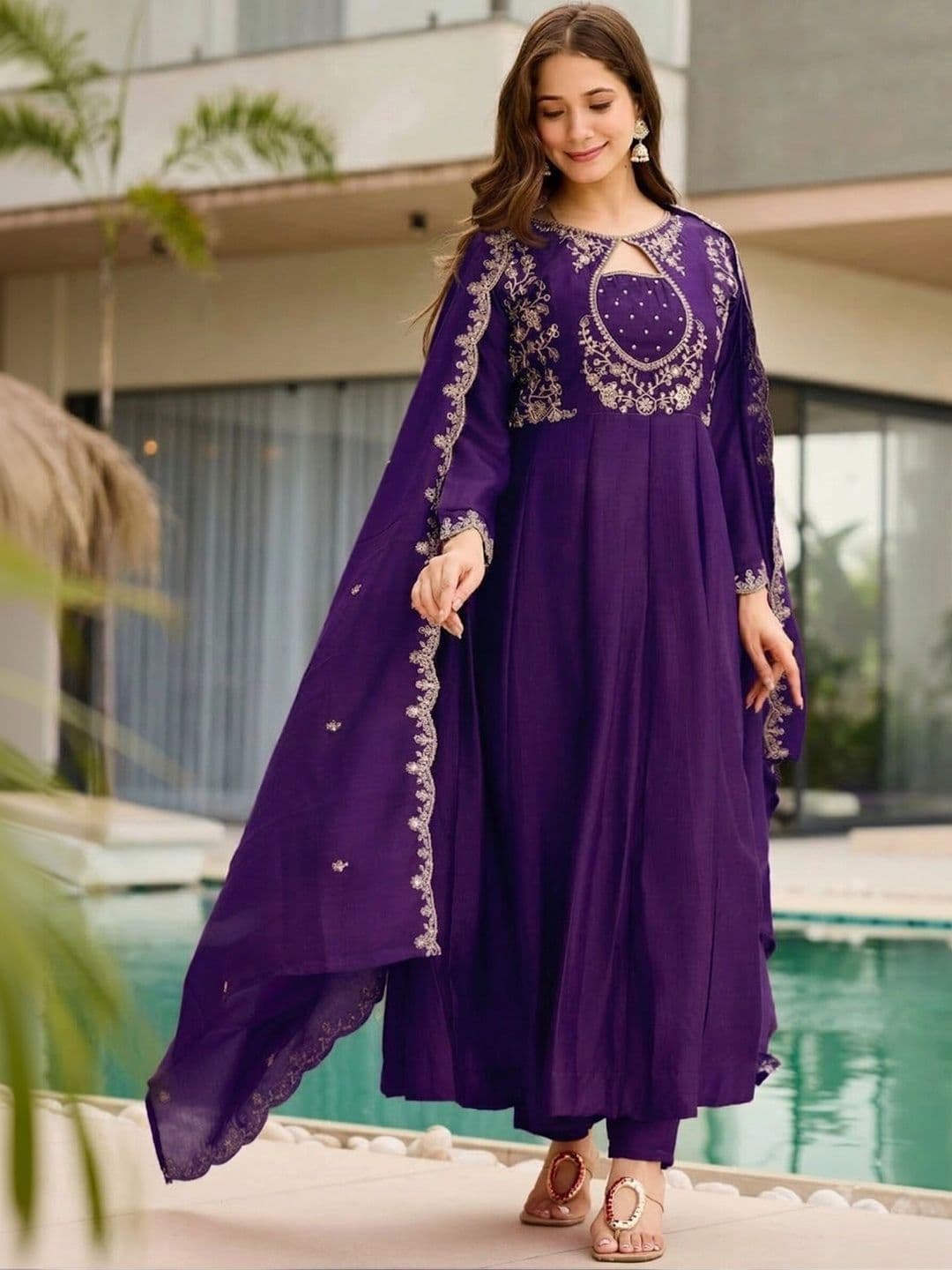 Sangria Women Ethnic Motifs Embroidered Empire Thread Work Kurta with Trousers & With Dupatta thumbnail 7