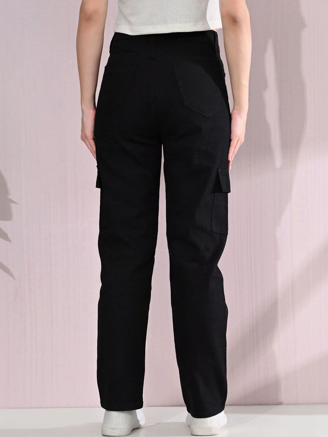 HERE&NOW Women's Jet Black Mid-Rise Straight Leg Cargo Jeans thumbnail 4
