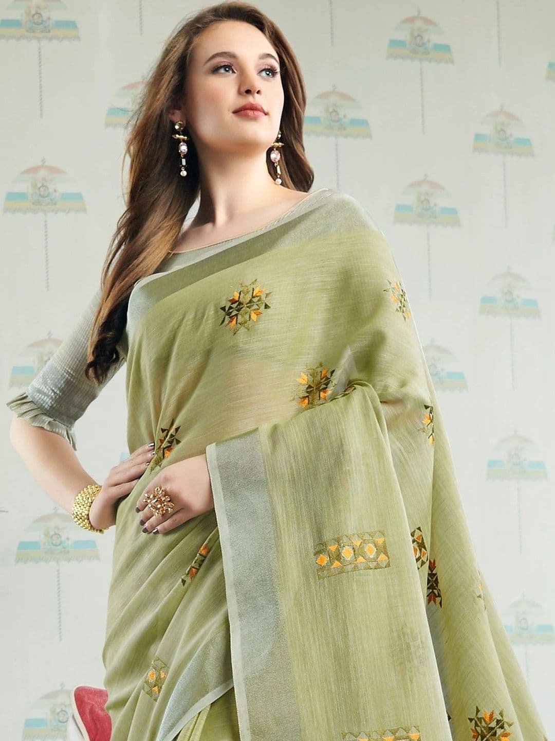 Mitera Woven Design Embroidered Linen Blend Saree thumbnail 2
