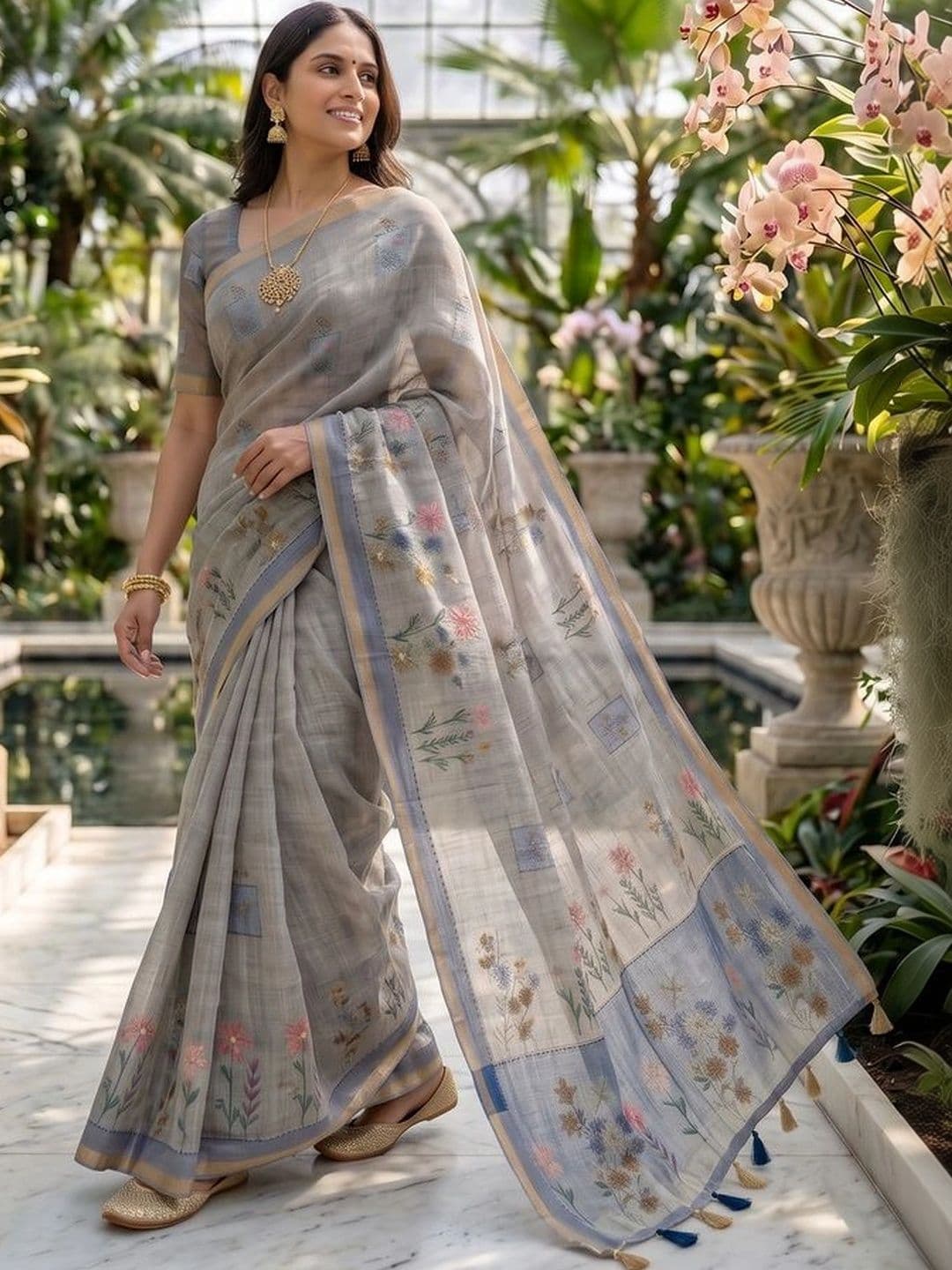 Mitera Floral Linen Blend Tussar Saree thumbnail 2